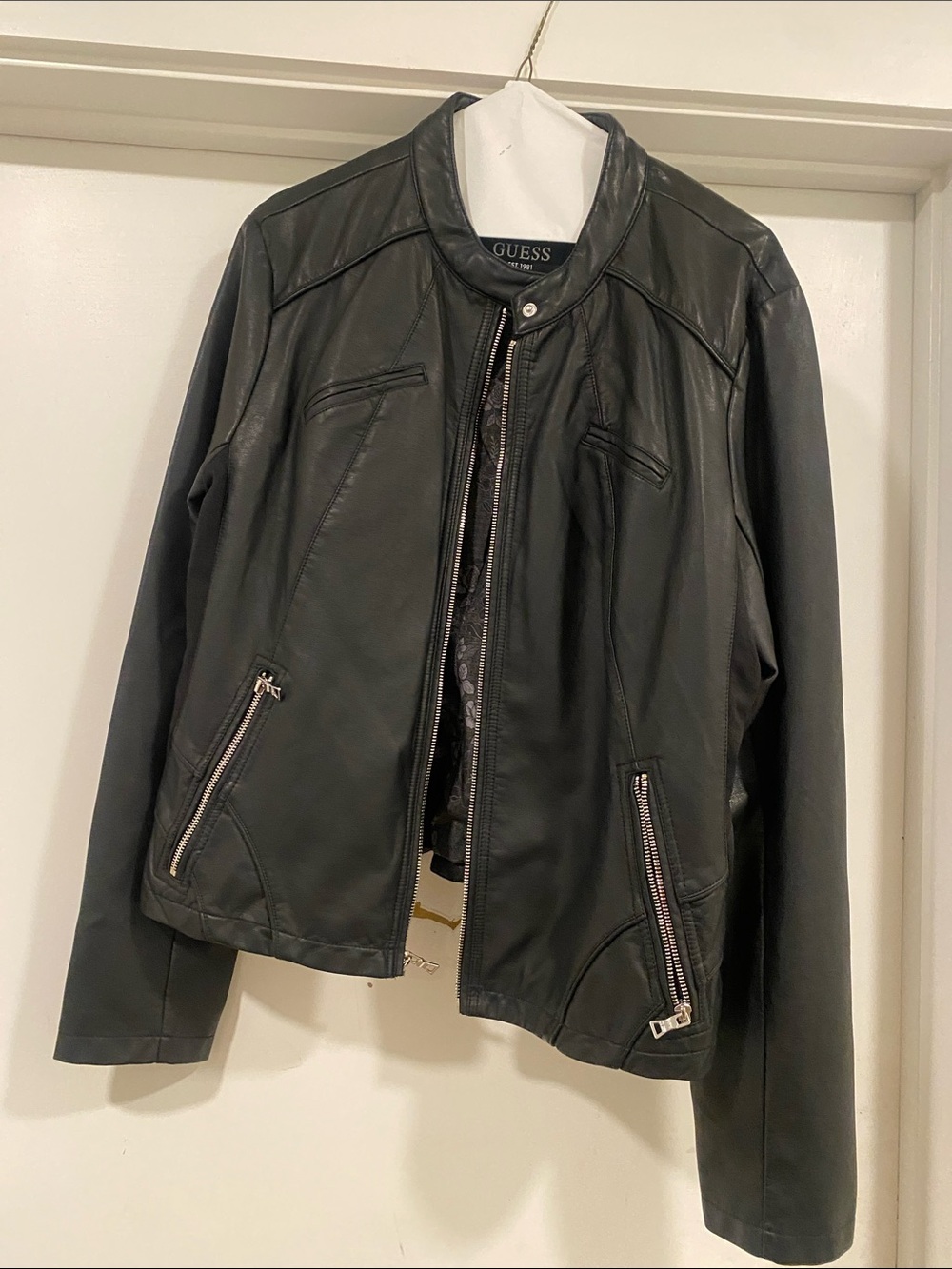 GUESS Black Faux Leather Moto Jacket with Silver Zippers